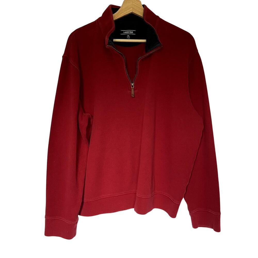 Lands' End red navy quarter zip men's size XL cotton knit sweater casual top